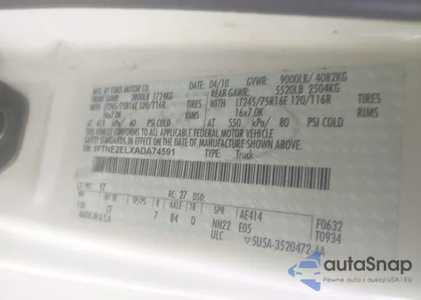 2010 Ford E-250 Commercial/Recreational z USA, uszkodzony, nr VIN 1FTNE2ELXADA74591